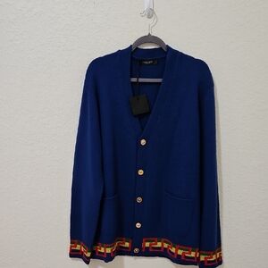 Versace Greca Jacquard Tape Wool Silk & Cashmere Cardigan NWT Size 52 Authentic